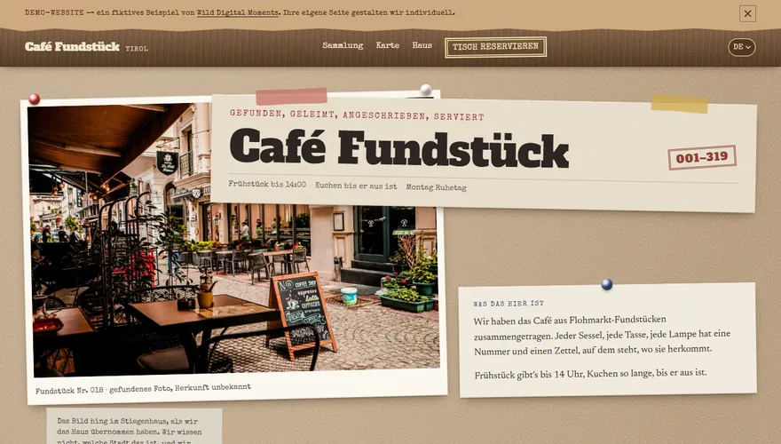 Die Startseite von Café Fundstück, gesetzt als Pinnwand