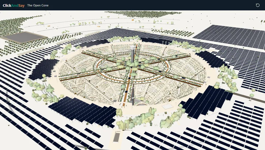 Das Projekt The Open Cone als 3D-Modell im ClickAndSay-Viewer: ein rundes Gelände mit Mast, Stegen und Solarfeldern
