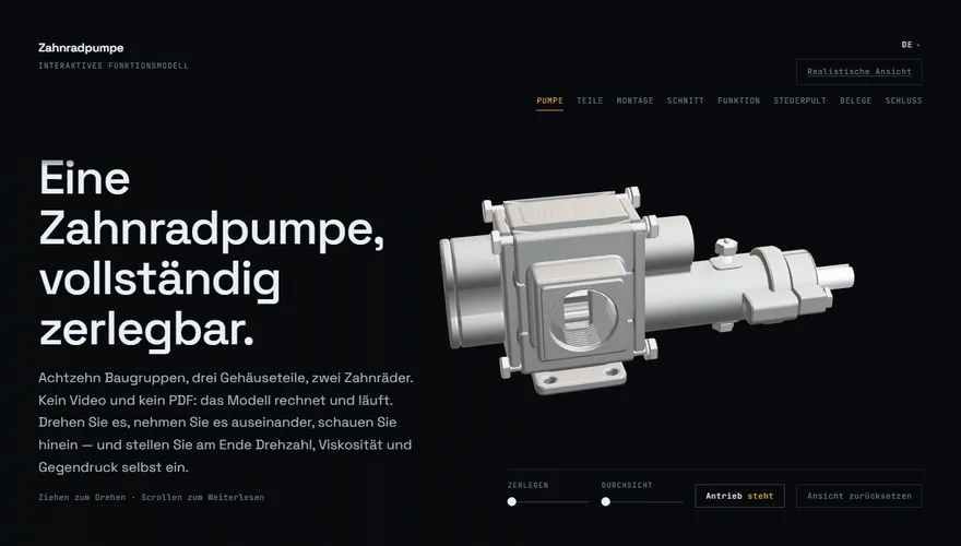 Die Website Zahnradpumpe mit ihrem 3D-Funktionsmodell