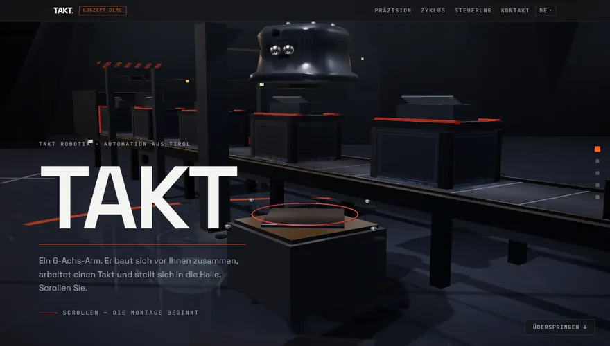 Die Website TAKT Robotik mit der Fertigungshalle in 3D