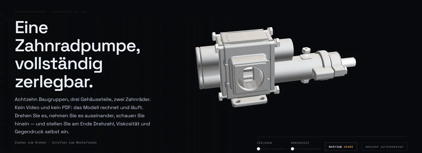 Die Startseite der Demo Zahnradpumpe: Überschrift, Einleitung und das 3D-Modell der Pumpe